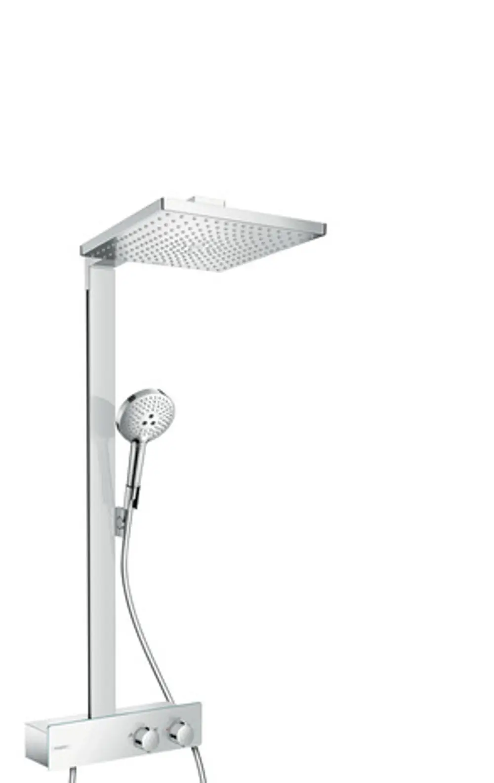 Hansgrohe Duschsystem mit Kopfbrause und Handbrause, montiert an einer senkrechten Säule. Steuerung über ein Bedienfeld mit zwei Drehreglern.